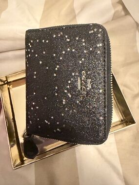Coach Black Glitter Star Zip Card Case